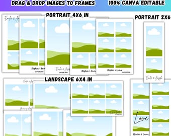 Paquete de plantillas para tiras de fotos de boda, lienzo fotográfico Polaroid editable de 4x6, 6x4 y 2x4 con marcos personalizables, tarjeta para fotomatón con tiras de fotos de boda