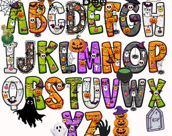 Halloween Doodle Alphabet Cliparts,Halloween PNGs Ghost Bat Font,Halloween nostalgia Nostalgic halloween icon set,Spooky Witch PNG Letters