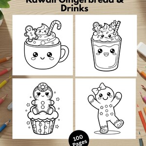 Puede incluir: Un libro para colorear en blanco y negro titulado "Kawaii Gingerbread & Drinks" con 100 p&aacute;ginas. El libro presenta ilustraciones de hombres de jengibre, cupcakes y bebidas con caras de estilo kawaii.
