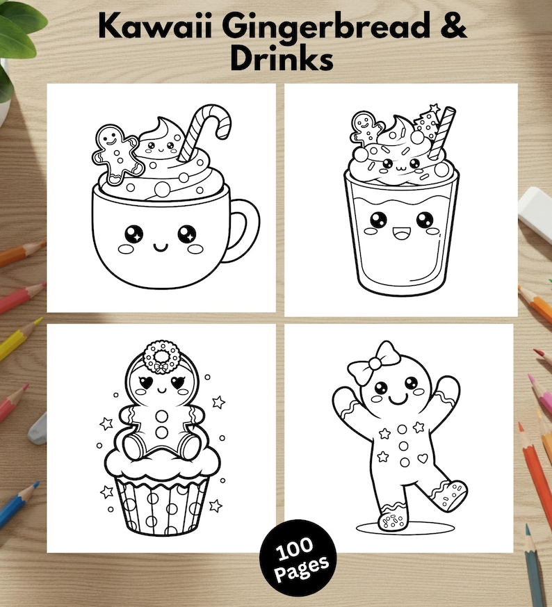 Puede incluir: Un libro para colorear en blanco y negro titulado "Kawaii Gingerbread & Drinks" con 100 p&aacute;ginas. El libro presenta ilustraciones de hombres de jengibre, cupcakes y bebidas con caras de estilo kawaii.