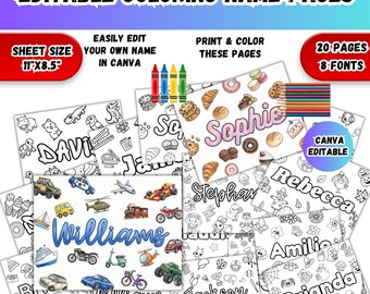 20 Benutzerdefinierter Name Malseiten Bundle, Canva Bearbeitbarer Name Farbseiten für Kinder, Benutzerdefinierte Malvorlage Printables färben Sie Ihren Namen