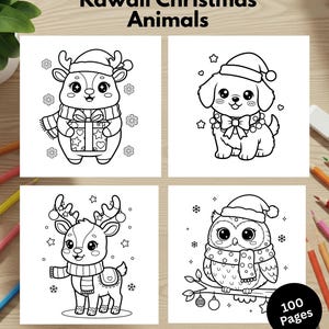 Puede incluir: Un libro para colorear titulado "Kawaii Christmas Animals" con cuatro adorables ilustraciones en blanco y negro. Las im&aacute;genes incluyen un reno, un cachorro, otro reno y un b&uacute;ho, todos con atuendos festivos. El libro tiene 100 p&aacute;ginas.