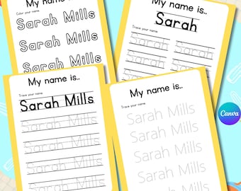 Feuilles d'écriture personnalisées avec nom, pages de traçage et de coloriage de nom modifiables sur Canva, feuilles d'exercices d'écriture manuscrite personnalisées à imprimer