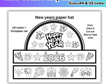 2026 New Year Printable Paper Hat Coloring Craft, Kids New Year Eve Games Coloring Activity Pdf png ,Happy New Year Party Hat Crown Headband