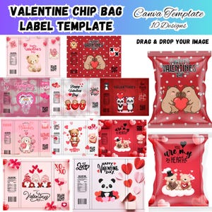 May include: A Valentine's Day chip bag label template with 10 designs. The designs feature teddy bears, pandas, hearts, and the text "Happy Valentine's Day" and "You are my heart". The labels are in shades of red and pink.