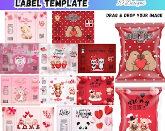 10 Valentinstag Chip Bag Label Canva bearbeitbare Vorlage, Romantische Liebe Foto Collage Chip Bag, Paar Geschenk Snack Bag Anpassbare Rahmen
