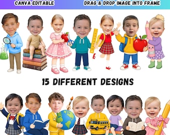 Rentrée des classes : Activité d'ajout de visage pour les enfants, Décoration de tableau d'affichage à imprimer, Modèle à ajouter à votre propre photo, PNG modifiable Canva pour les premiers jours d'école