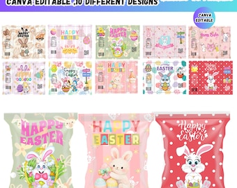 10 modèles modifiables en toile d'étiquette de sac à croustilles pour le jour de Pâques, lot de modèles de cotillons imprimables pour sac à croustilles, cadres personnalisables pour sac à collation cadeau pour enfants