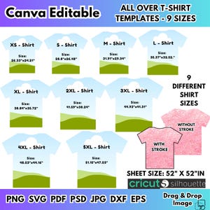 May include: A graphic featuring nine different t-shirt templates in various sizes, from XS to 5XL, with size dimensions in inches. The image also includes a pink t-shirt design with and without a stroke, and the text "Canva Editable".