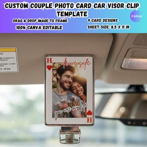 May include: A custom couple photo card car visor clip template. The card features a photo of a couple, the text "drive safe" and "you are my life". The sheet size is 8.5 x 11 inches. The design is 100% Canva editable.