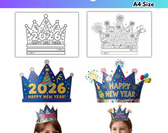 2026 Neujahr druckbare Papiermütze Kinder Färbung Aktivität Pdf png Sofortiger Download Silvester Zeitkapsel Arbeitsblatt Kinder Neujahr Spiel