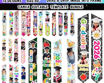 Kinder bearbeitbare Abschluss Stola Canva Rahmenvorlage, grad 2026 Stola Kunst, bearbeitbare leere Senior Schärpe Sublimation, einfache ziehen und ablegen-Vorlage