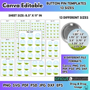 Könnte beinhalten: Eine digitale Vorlage für Button-Pin-Designs mit 13 Größen von 2,54 cm bis 10,16 cm. Das Bild enthält eine Blattgröße von 21,59 cm x 27,94 cm und unterstützt 8 Dateiformate: PNG, SVG, PDF, PSD, JPG, DXF und EPS. Der Text "Canva Editable" wird angezeigt.