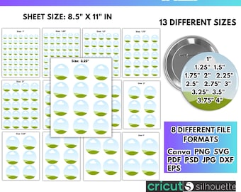 Lot d'épingles pour boutons, 13 tailles, modèle de cadre en toile modifiable, sublimation par glisser-déposer de 2,25 pouces, badge personnalisé, étiquette circulaire, bouton vierge