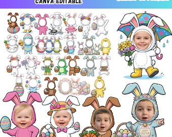 Photo personnalisée de lapin de Pâques sur toile modifiable, ajoutez votre propre visage Photo PNG en téléchargement numérique, enfants lapin de Pâques fête artisanat amusant activité de Pâques