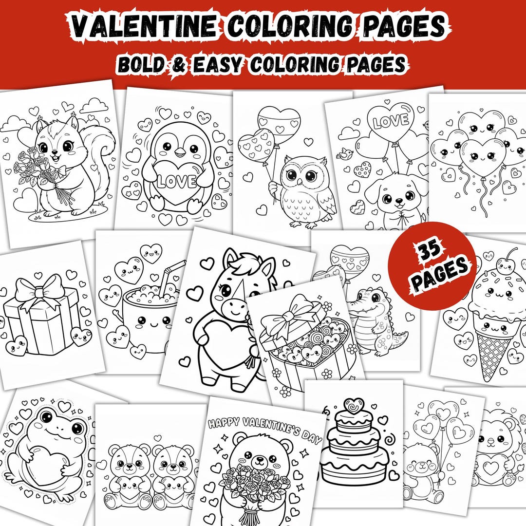 Valentine Coloring Pages Bundle,cute Kawaii Bold Easy Coloring Book ...
