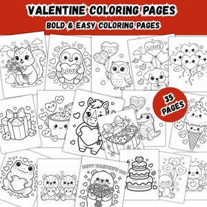 May include: A collection of Valentine's Day coloring pages. The pages feature various cute animals and objects, including a squirrel, penguin, owl, puppy, horse, and bear, all holding hearts or gifts. The text "VALENTINE COLORING PAGES" and "BOLD & EASY COLORING PAGES" is at the top.