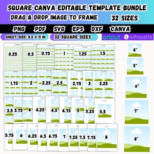 以下が含まれることがあります： 正方形のCanva編集可能テンプレートバンドル。PNG、PDF、SVG、EPS、DXF、Canva形式を含む32サイズ。シートサイズは21.6 x 27.9 cm。サイズは0.64 cmから20.3 cmまで。ドラッグ＆ドロップで画像を挿入するためのテンプレート。