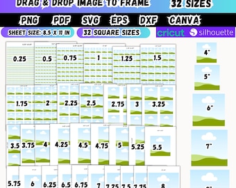 Lot de 32 modèles carrés svg dxf eps png, étiquette carrée modifiable en toile de 0,25 à 20 cm, autocollant carré vierge imprimable par glisser-déposer