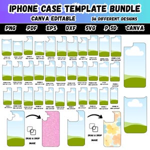 Może przedstawiać: Cyfrowy pakiet szablonów etui na iPhone'a zawierający 36 różnych wzorów. Grafika zawiera etykiety formatów plików, takich jak PNG, PDF, EPS, DXF, SVG, PSD i Canva, oraz zarysy różnych modeli telefonów z wymiarami podanymi w calach.