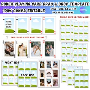 Puede incluir: Una plantilla digital para naipes de póquer, con un diseño de arrastrar y soltar. El tamaño de la hoja es de 21,59 x 27,94 cm, con 54 diseños de cartas. Las cartas son de doble cara y editables en Canva. El diseño incluye espacio para imágenes personalizadas.
