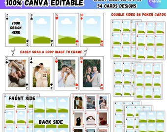 Lot de 52 modèles modifiables sur Canva de cartes à jouer, jeu de société personnalisé, jeu de 52 cartes de poker imprimable à faire soi-même, motifs numériques personnalisables recto-verso