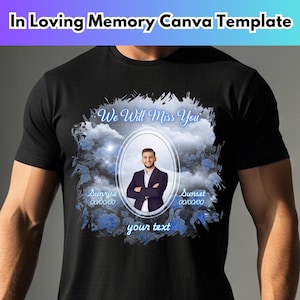 Puede incluir: Camiseta negra con un diseño conmemorativo. El diseño incluye un retrato ovalado, el texto "We Will Miss You", detalles florales azules y las palabras "Sunrise" y "Sunset" con fechas. La parte superior de la camiseta tiene el texto "In Loving Memory Canva Template".