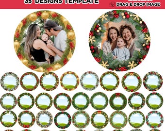 Plantilla editable de Canva para adornos navideños con fotos, diseños personalizados de sublimación de fotos familiares navideñas, paquete de adornos redondos de regalo navideño en PNG