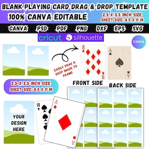 May include: A digital template for blank playing cards, featuring a drag-and-drop design. The template is 100% editable in Canva and includes front and back card designs. The card size is 2.5 x 3.5 inches, with a sheet size of 8.5 x 11 inches. Available file formats include Canva, PSD, PDF, PNG, DXF, EPS, and SVG.