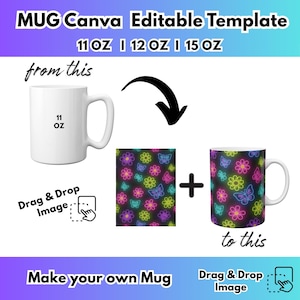 May include: White mug with a black handle, featuring the text "11 OZ". The image shows how to customize a mug with a floral and butterfly design. The text "MUG Canva Editable Template" is at the top.