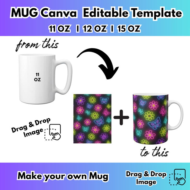 May include: White mug with a black handle, featuring the text "11 OZ". The image shows how to customize a mug with a floral and butterfly design. The text "MUG Canva Editable Template" is at the top.