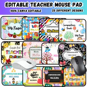 Puede incluir: Una colección de alfombrillas de ratón con temática de profesores con varios diseños, incluyendo útiles escolares, animales y patrones florales. Las alfombrillas muestran el texto "EDITABLE TEACHER MOUSE PAD" y "25 DIFFERENT DESIGNS."