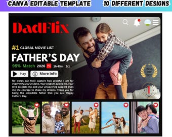 Viral Dadflix Canva bearbeitbare Vorlage, Vatertags Dadflix-Filmfoto, Opa & Papa Geschenk, Vatertagsfilmplakat, Collage ""Best Dad Ever""."