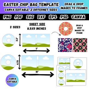 May include: An Easter chip bag template with the text "Easter Chip Bag Template" and "Canva Editable, 2 Different Sizes". The sheet size is 21.6 x 27.9 cm. The template includes two sizes, with dimensions of 8.1 cm and 12.1 cm in height, and 17.8 cm and 25.4 cm in width.