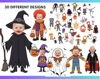 May include: A Canva editable digital template featuring 30 different Halloween costume photo frames. The graphic displays various illustrated outfits including a witch, clown, ghost, and vampire, designed for users to drag and drop faces into.