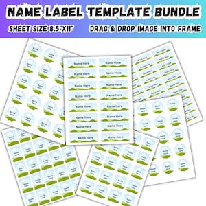Pode incluir: Um pacote de modelos de etiquetas com nome contendo várias folhas de adesivos com um design de paisagem de colinas verdes e céu azul. O texto diz NAME LABEL TEMPLATE BUNDLE, SHEET SIZE 8.5"X11", DRAG & DROP IMAGE INTO FRAME, Name Here.