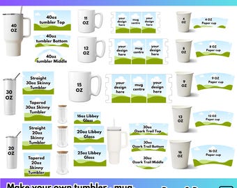 Ensemble de modèles modifiables pour gobelets en toile, 40 oz Gobelet 30 oz maigre 20 oz Tasse 11 oz Gobelet en papier Libbey Glass 30 oz Ozark Trail Bundle