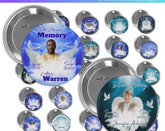 25x In liebevoller Erinnerung Blau Pin Button Vorlagen, Mega Gedenkstätte RIP Foto Abzeichen PNG Designs, Beerdigungen Canva bearbeitbares digitales Design Bundle