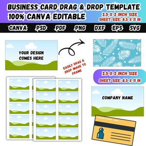 May include: A business card drag and drop template with the text "YOUR DESIGN COMES HERE" and "COMPANY NAME". The template is 3.5 x 2 inches in size, with a sheet size of 8.5 x 11 inches. The template is 100% Canva editable.