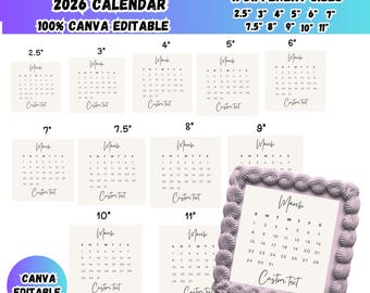 Lot de modèles de décoration de gâteau Burn Away, calendrier numérique éditable sur toile 2026, motifs de décoration de gâteau carrés, calendrier d'anniversaire imprimable