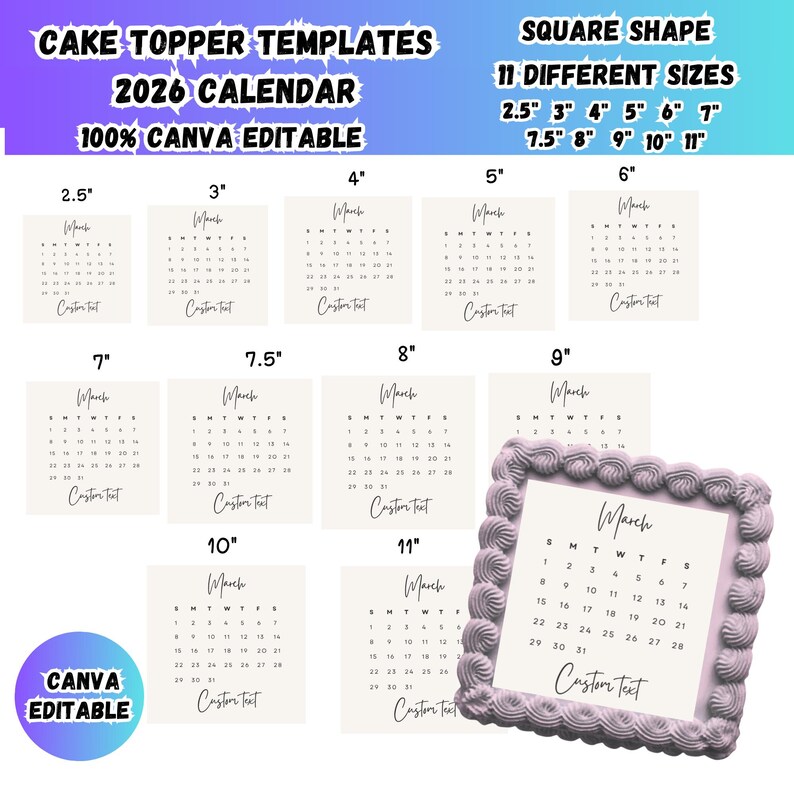 Generic Calendar Topper Burn Away Cake Topper Template Bundle,canva Editable Digital Calendar ...
