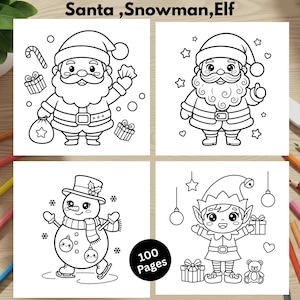 Puede incluir: Un libro para colorear en blanco y negro con ilustraciones Kawaii de Pap&aacute; Noel, un mu&ntilde;eco de nieve y un elfo. El libro presenta 100 p&aacute;ginas de dise&ntilde;os festivos, incluyendo cajas de regalo, estrellas y corazones. La portada muestra el texto "Kawaii Santa, Snowman, Elf" y "100 Pages."