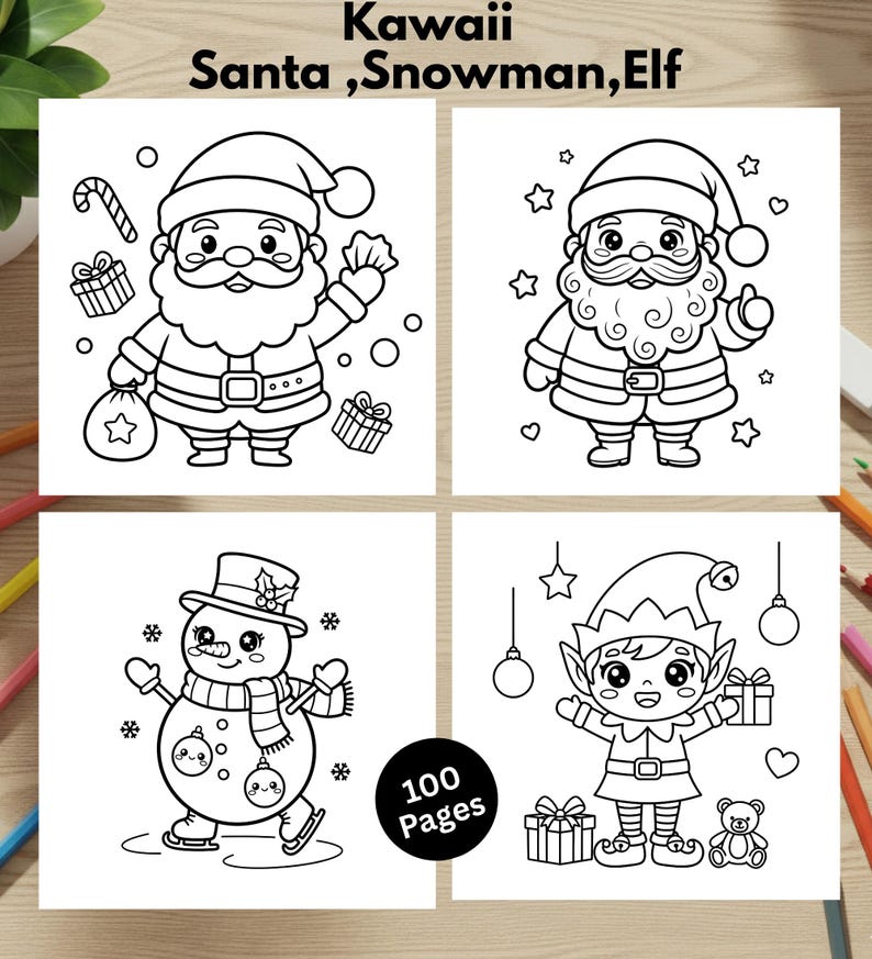 Puede incluir: Un libro para colorear en blanco y negro con ilustraciones Kawaii de Pap&aacute; Noel, un mu&ntilde;eco de nieve y un elfo. El libro presenta 100 p&aacute;ginas de dise&ntilde;os festivos, incluyendo cajas de regalo, estrellas y corazones. La portada muestra el texto "Kawaii Santa, Snowman, Elf" y "100 Pages."