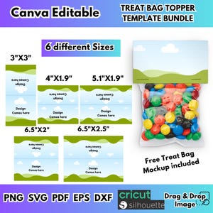 Könnte beinhalten: Ein Vorlagenpaket für Süßigkeitentüten mit sechs verschiedenen Größen, darunter 7,6 cm x 7,6 cm, 10,2 cm x 4,8 cm, 13 cm x 4,8 cm, 16,5 cm x 5,1 cm und 16,5 cm x 6,4 cm. Das Design umfasst ein Himmel- und Gras-Thema mit dem Text "Design Comes Here".