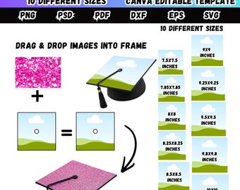 Graduation Cap Topper bearbeitbare Canva-Vorlage, einfaches Ziehen und Ablegen Graduate Cap Sublimationsentwürfe, Blank Graduation Cap Topper svg psd Bundle