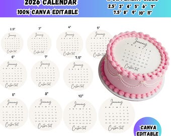 Paquete de plantillas para adornos de tartas Burn Away, calendario digital editable de Canva 2026, diseños de decoración de tartas circulares, adorno de calendario de cumpleaños imprimible