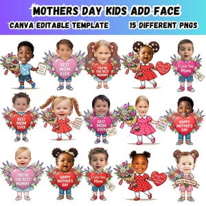Puede incluir: Una plantilla digital para el Día de la Madre con 15 imágenes PNG de niños sosteniendo carteles en forma de corazón y ramos. El texto incluye "La mejor mamá de todas", "Te amo mamá" y "Feliz Día de la Madre". La plantilla es editable en Canva.