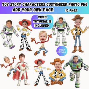 Może przedstawiać: Cyfrowy obraz przedstawiający postacie z Toy Story z możliwością personalizacji twarzy. Obraz zawiera Buzza Astrala, Chudego i Jessie, z opcją dodania własnej twarzy. Tekst na obrazie brzmi: "TOY STORY CHARACTERS CUSTOMIZED PHOTO PNG ADD YOUR OWN FACE 10 PNGS VIDEO TUTORIAL IS INCLUDED CANVA EDITABLE."