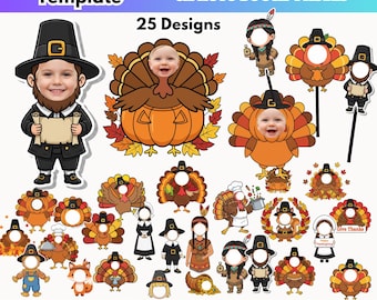 Cadre photo personnages de Thanksgiving, modèle modifiable sur toile, photo à la fois sonde, dinde vierge, décoration de classe, tableau d'affichage