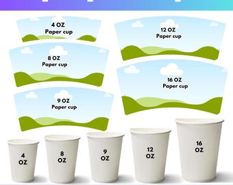 Paper Cup Wrapper Template Bundle,4oz 8oz 9oz 12oz 16oz Paper Cup Blank Coffee Cup Wrapper Bundle,5 sizes Paper Cup Template Canva Editable